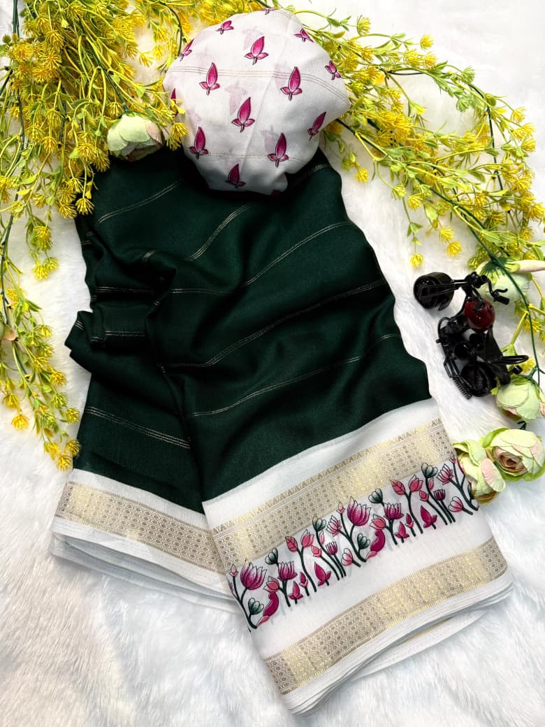 Soft Marsh Melon Saree – Self Jacquard Design with Contrast Zari Hamsa Borders.