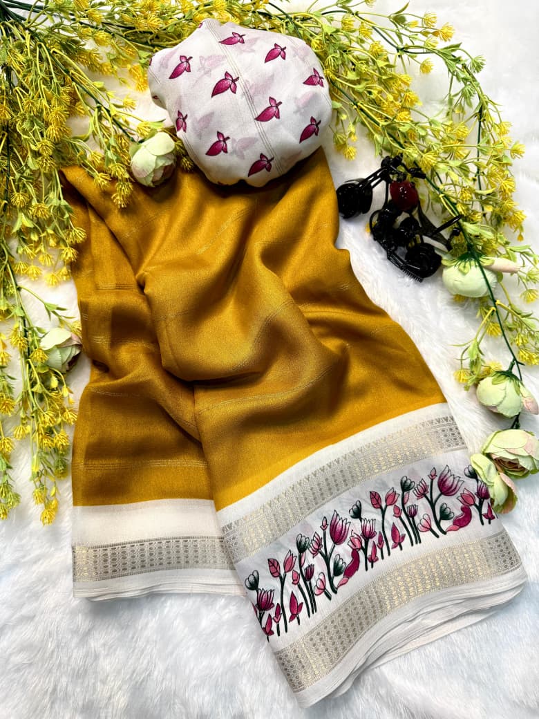 Soft Marsh Melon Saree – Self Jacquard Design with Contrast Zari Hamsa Borders.