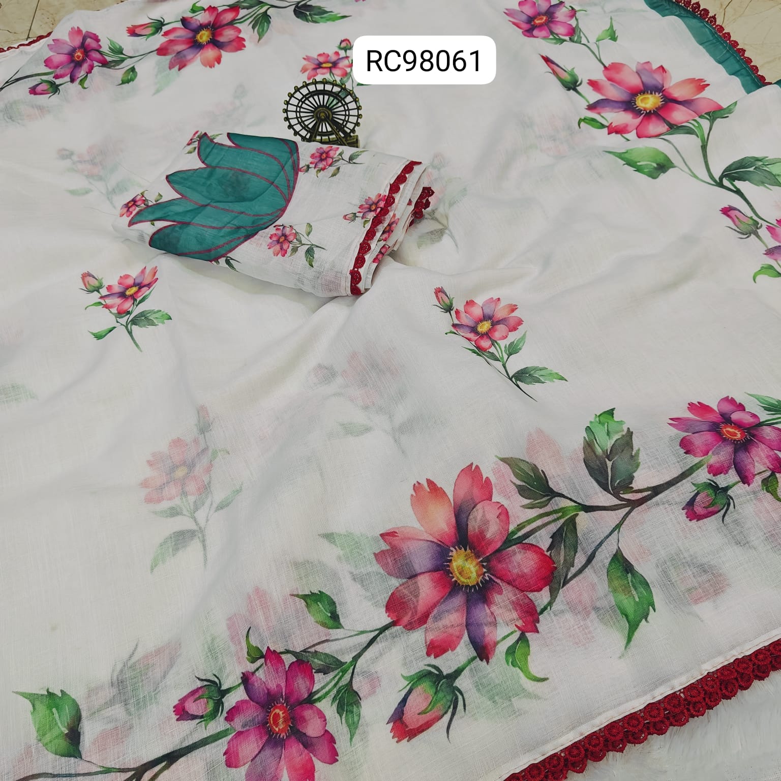 Pure Linen Digital Print Saree – Lace Border.