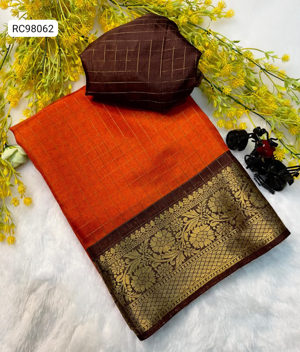 Heavy Zari Checks Saree – Rusty Orange Trend.