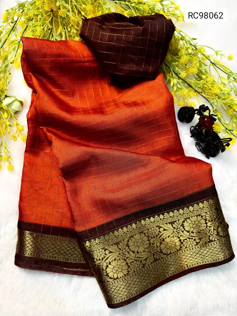 Heavy Zari Checks Saree – Rusty Orange Trend.