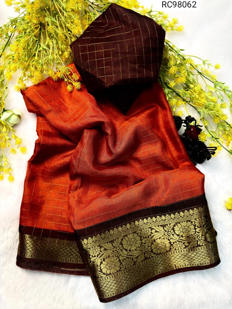 Heavy Zari Checks Saree – Rusty Orange Trend.