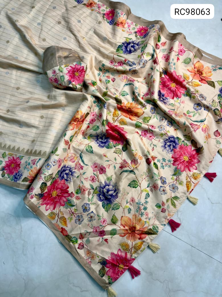 Mysore Dupia Pattu Designer Saree with Floral Digital Pallu Zari Weaving Lightweight & Smooth.