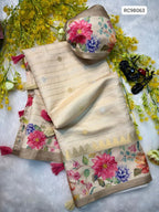 Mysore Dupia Pattu Designer Saree with Floral Digital Pallu Zari Weaving Lightweight & Smooth.