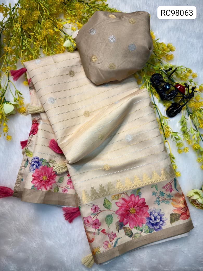 Mysore Dupia Pattu Designer Saree with Floral Digital Pallu Zari Weaving Lightweight & Smooth.