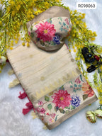 Mysore Dupia Pattu Designer Saree with Floral Digital Pallu Zari Weaving Lightweight & Smooth.