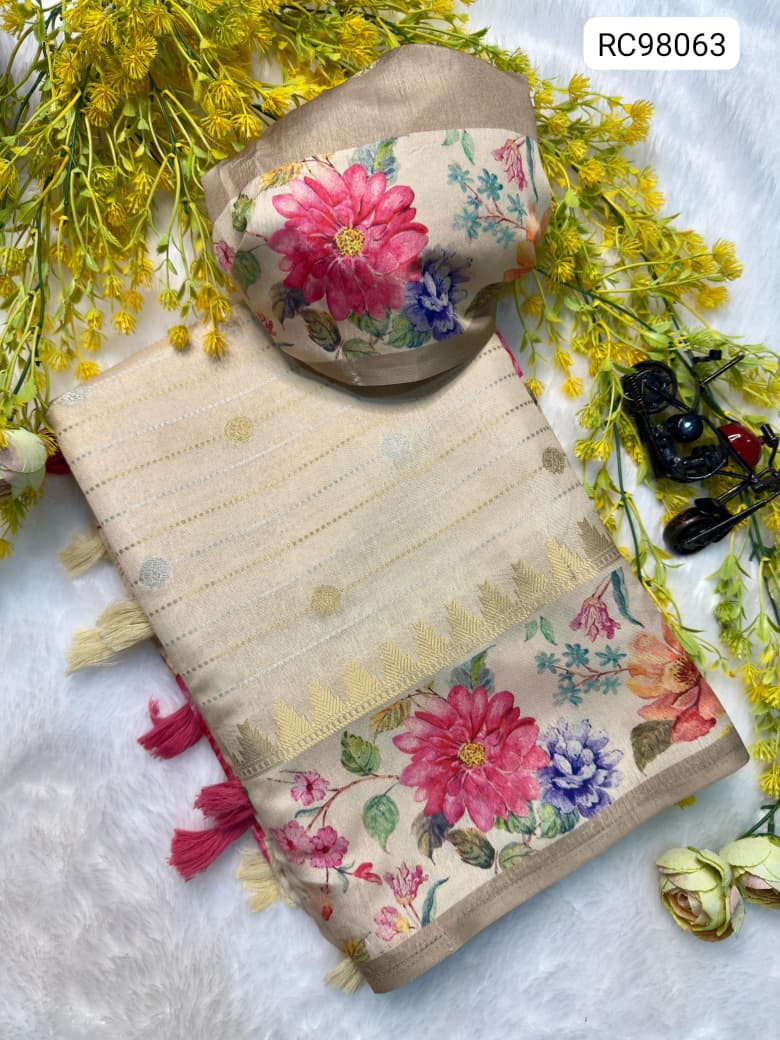 Mysore Dupia Pattu Designer Saree with Floral Digital Pallu Zari Weaving Lightweight & Smooth.