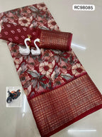 Heavy Reco Silk Saree – Floral Print & Ikkat Blouse.