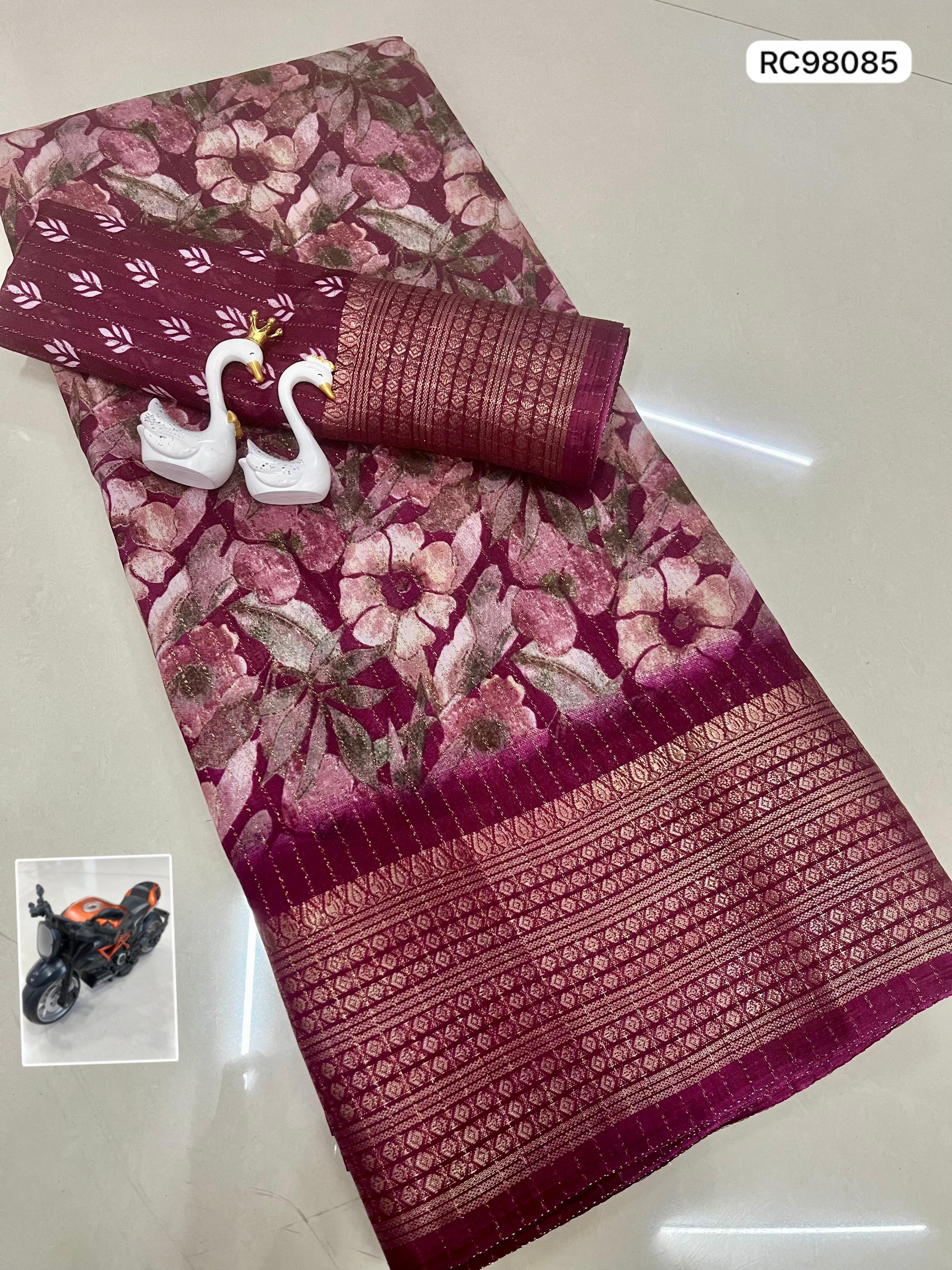 Heavy Reco Silk Saree – Floral Print & Ikkat Blouse.