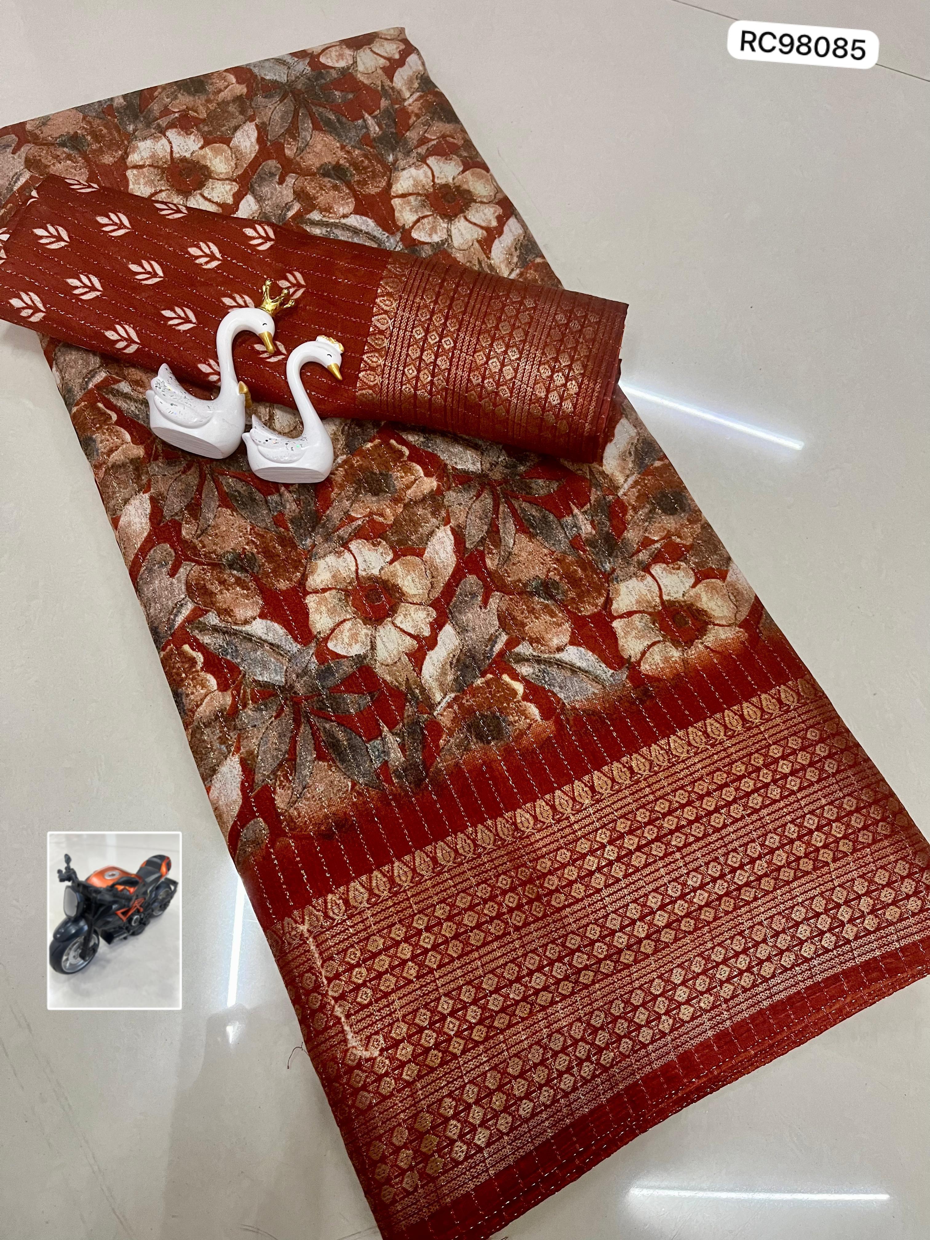 Heavy Reco Silk Saree – Floral Print & Ikkat Blouse.