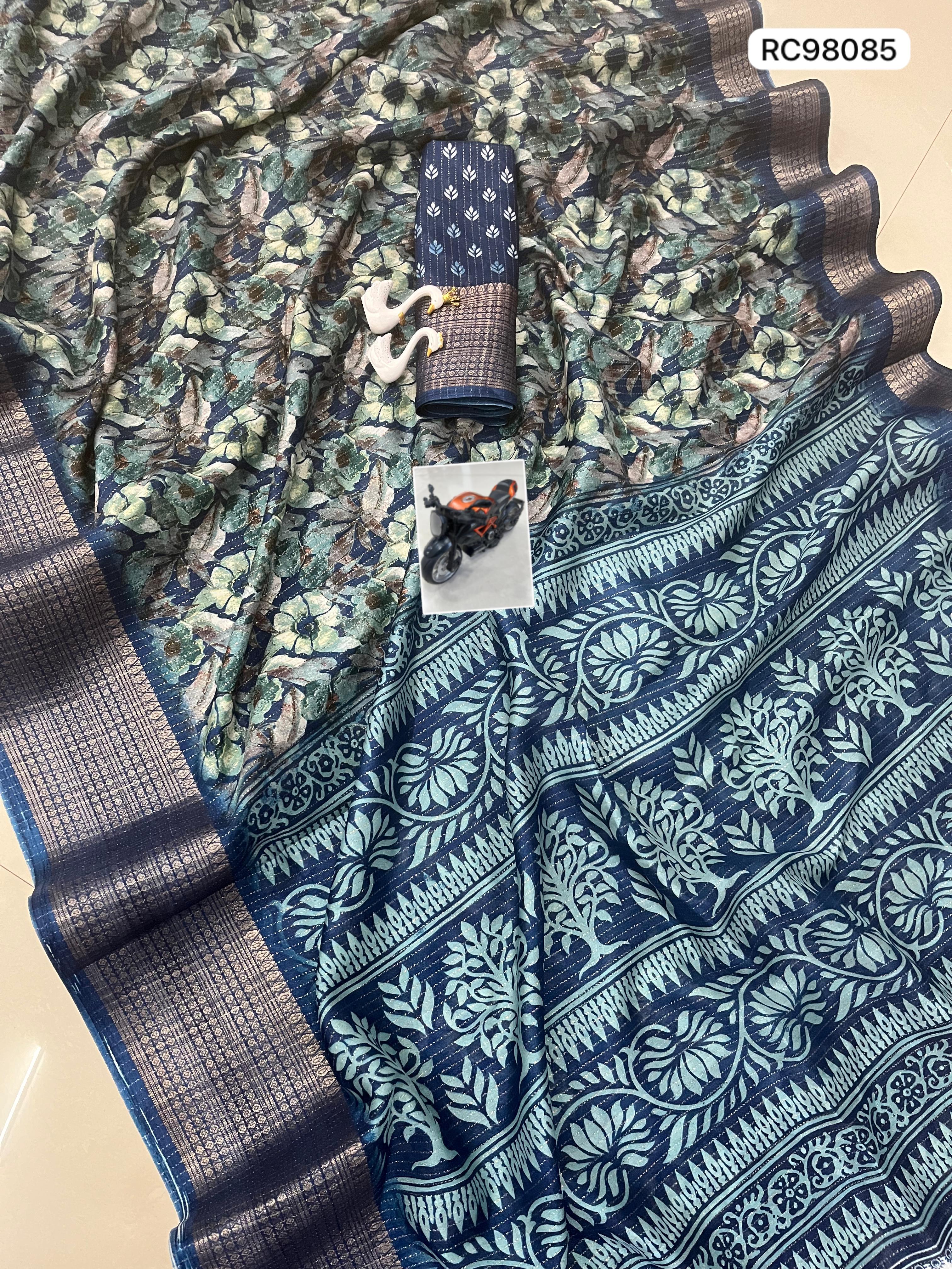 Heavy Reco Silk Saree – Floral Print & Ikkat Blouse.