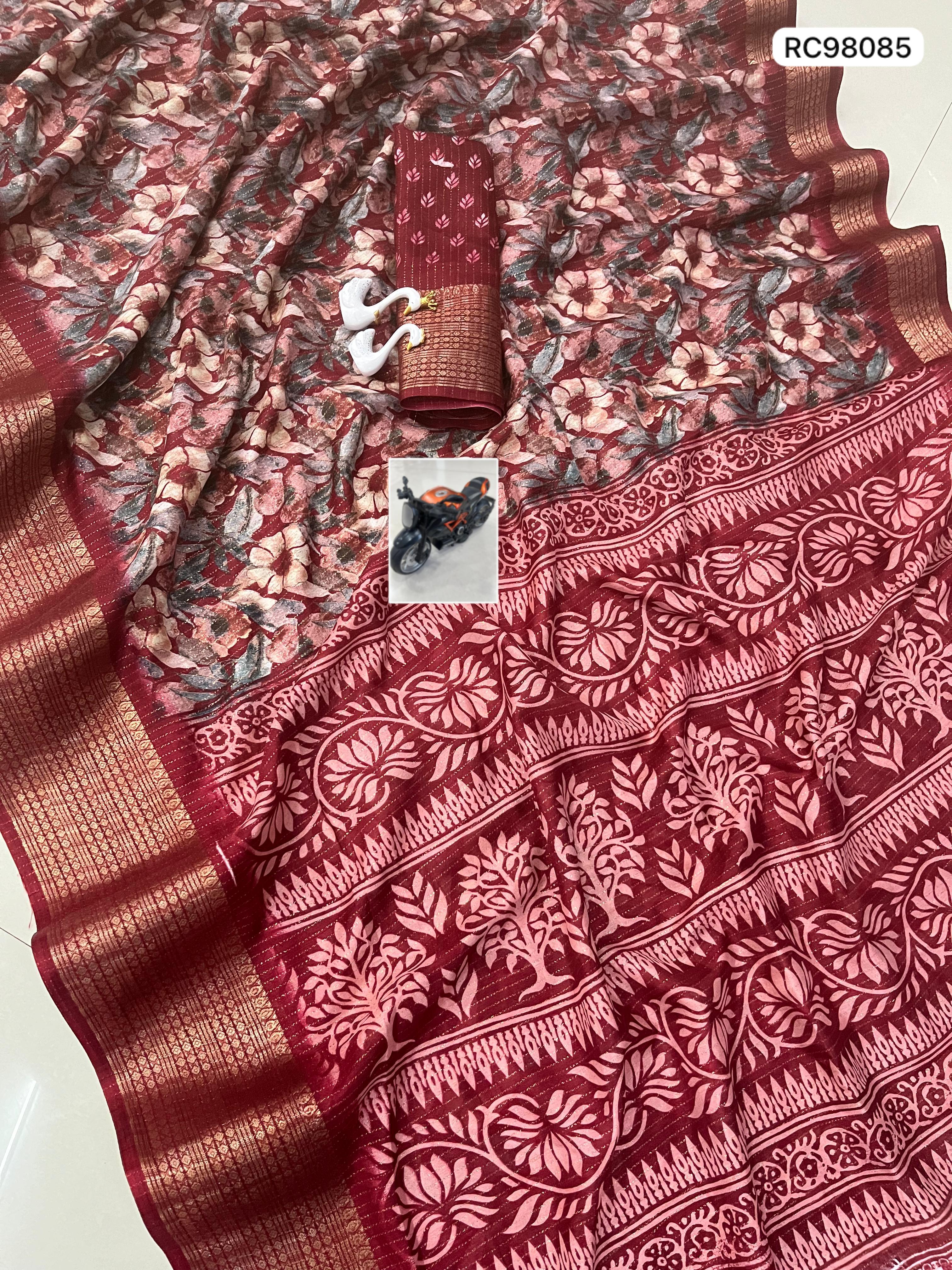 Heavy Reco Silk Saree – Floral Print & Ikkat Blouse.