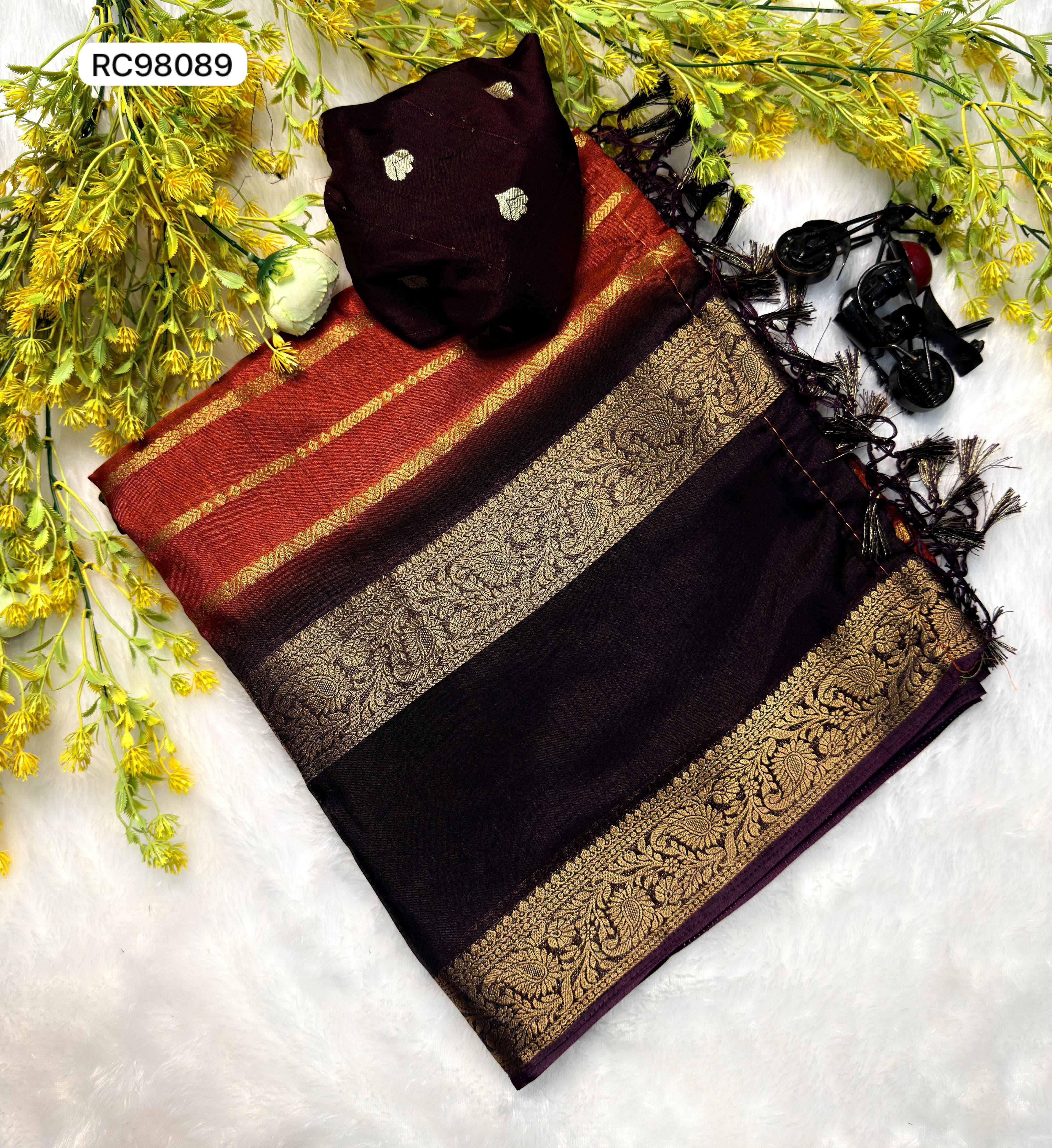 Soft Dola Silk Saree – Dark Fenta Dust Uniform with Jacquard Patta & Hamsa Zari Borders.