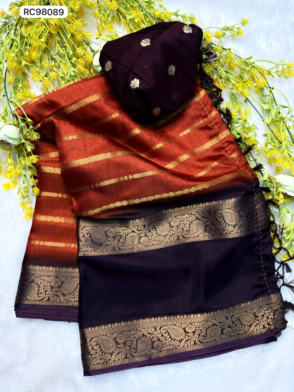 Soft Dola Silk Saree – Dark Fenta Dust Uniform with Jacquard Patta & Hamsa Zari Borders.