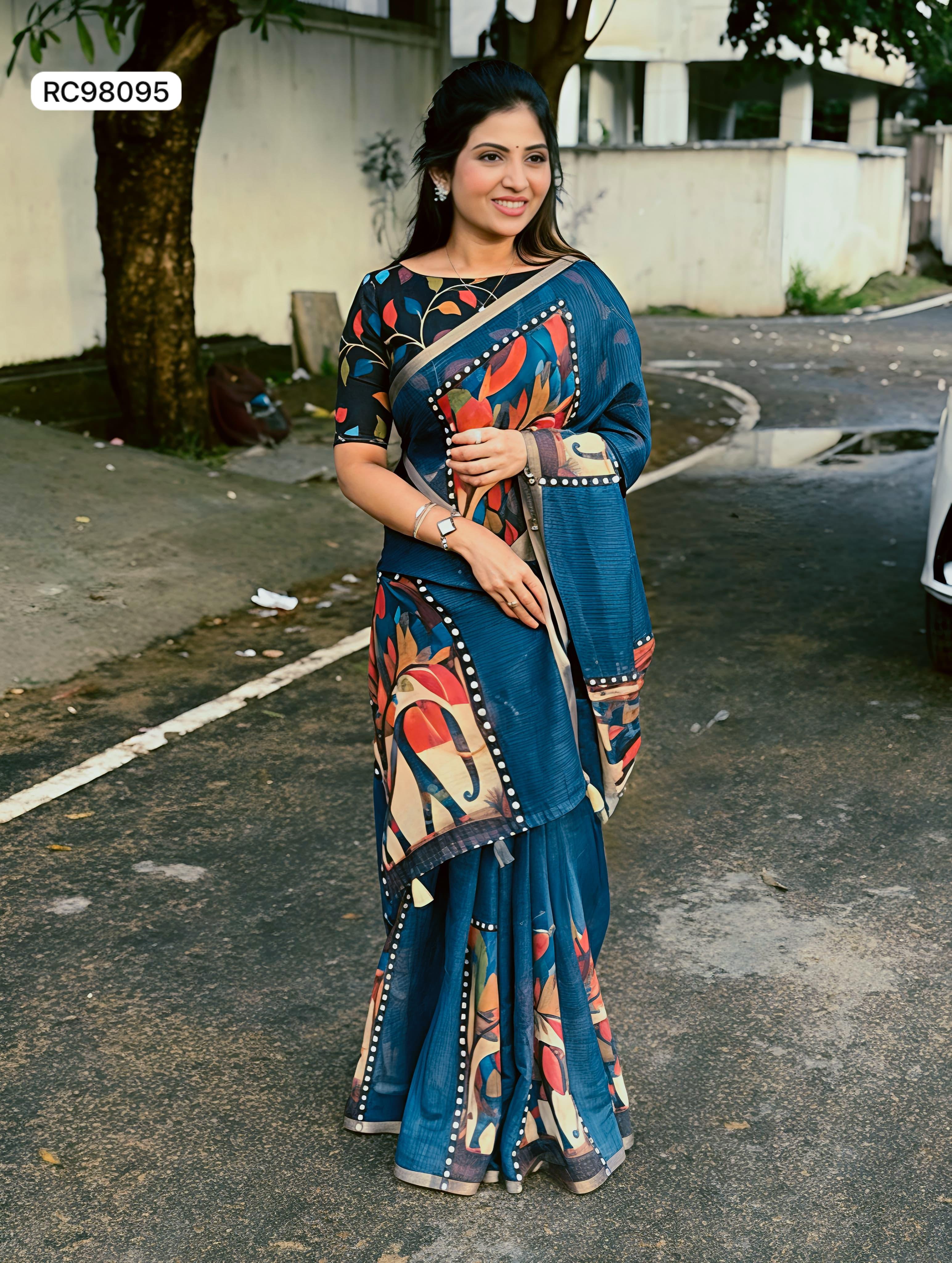 Heavy Linen Blooming Saree – Gajraj Digital Print & Gold Border.