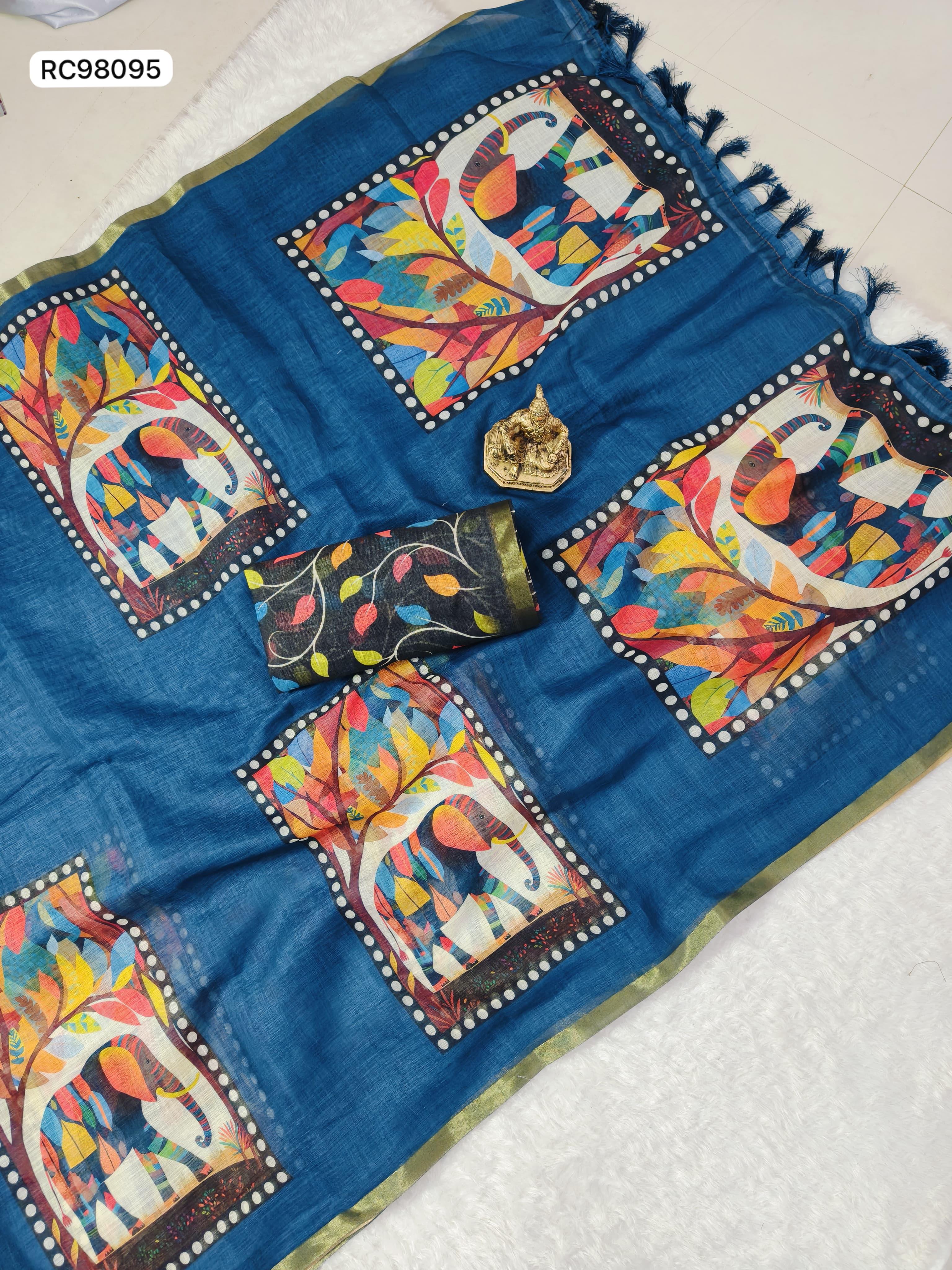 Heavy Linen Blooming Saree – Gajraj Digital Print & Gold Border.