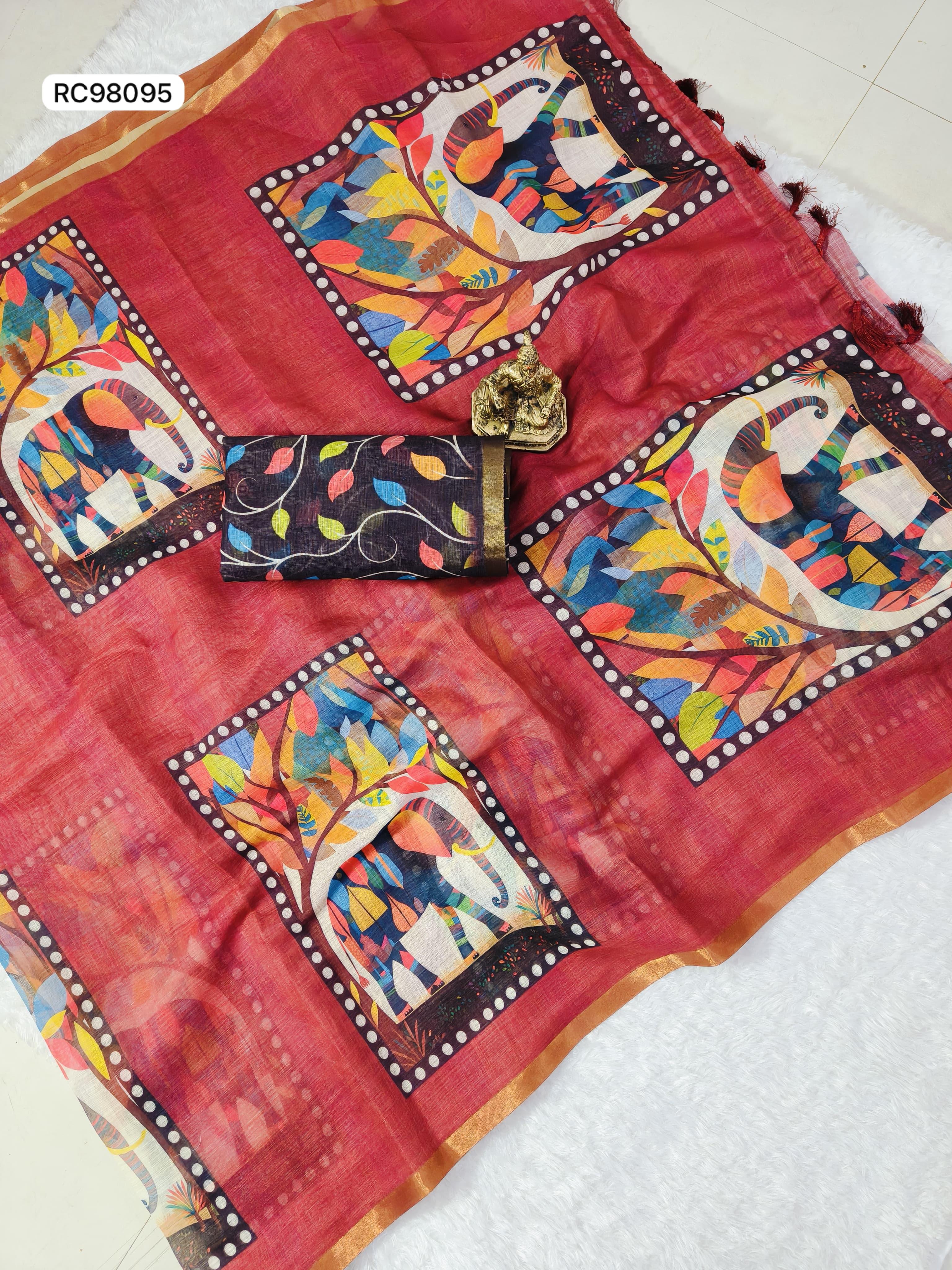 Heavy Linen Blooming Saree – Gajraj Digital Print & Gold Border.