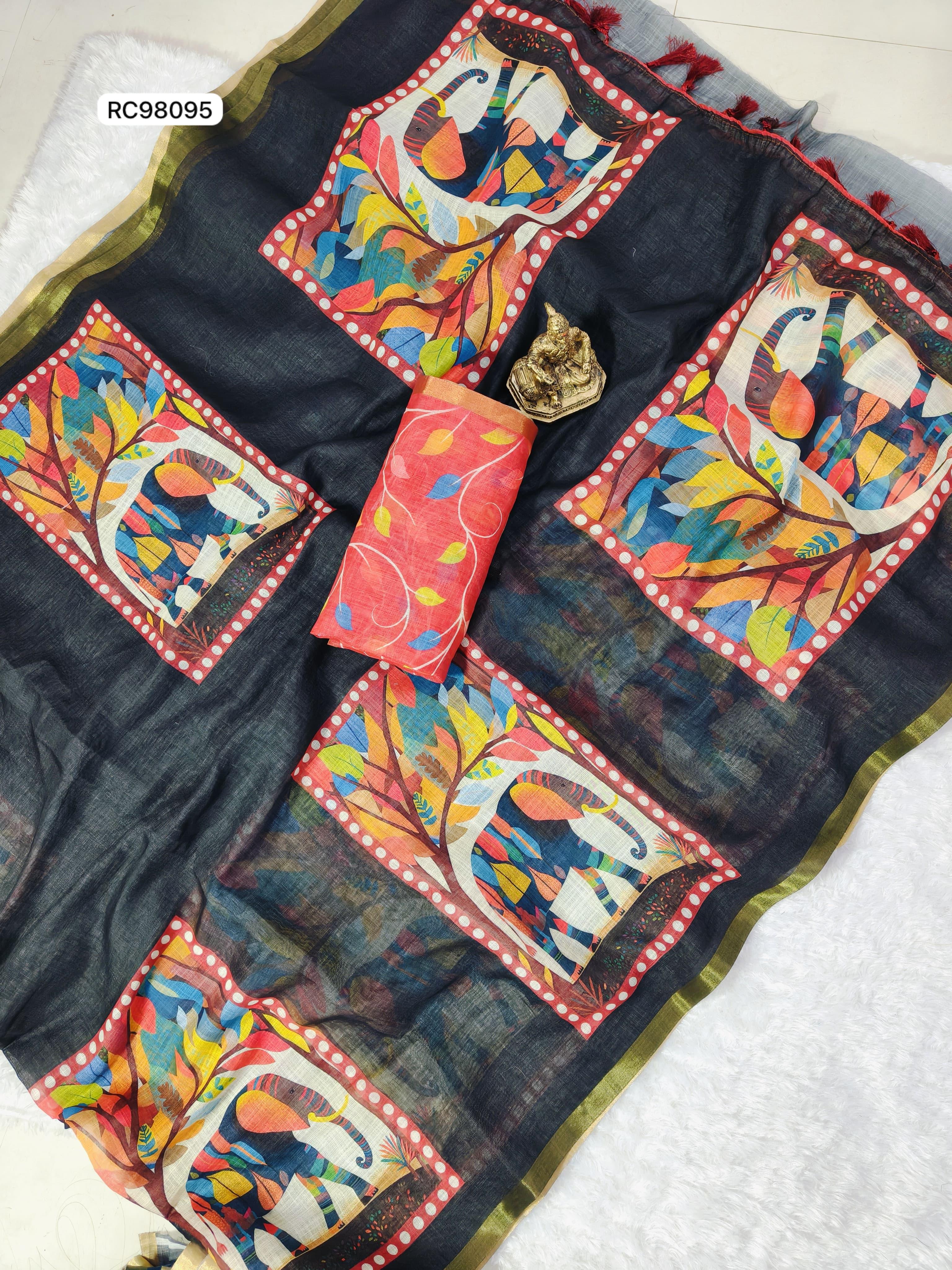 Heavy Linen Blooming Saree – Gajraj Digital Print & Gold Border.