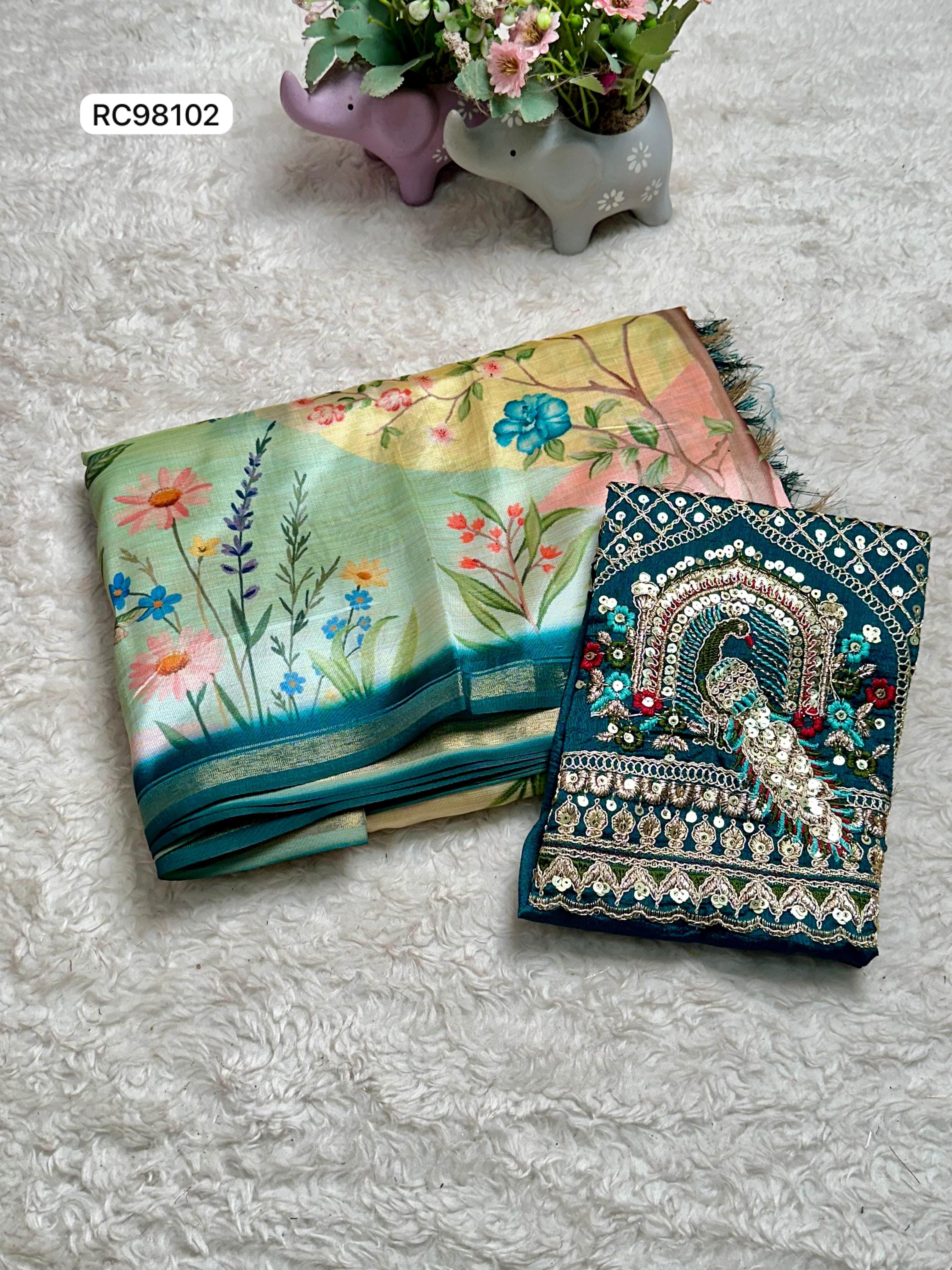 Opulent Malai Silk Saree Featuring Peacock & Floral Motifs.