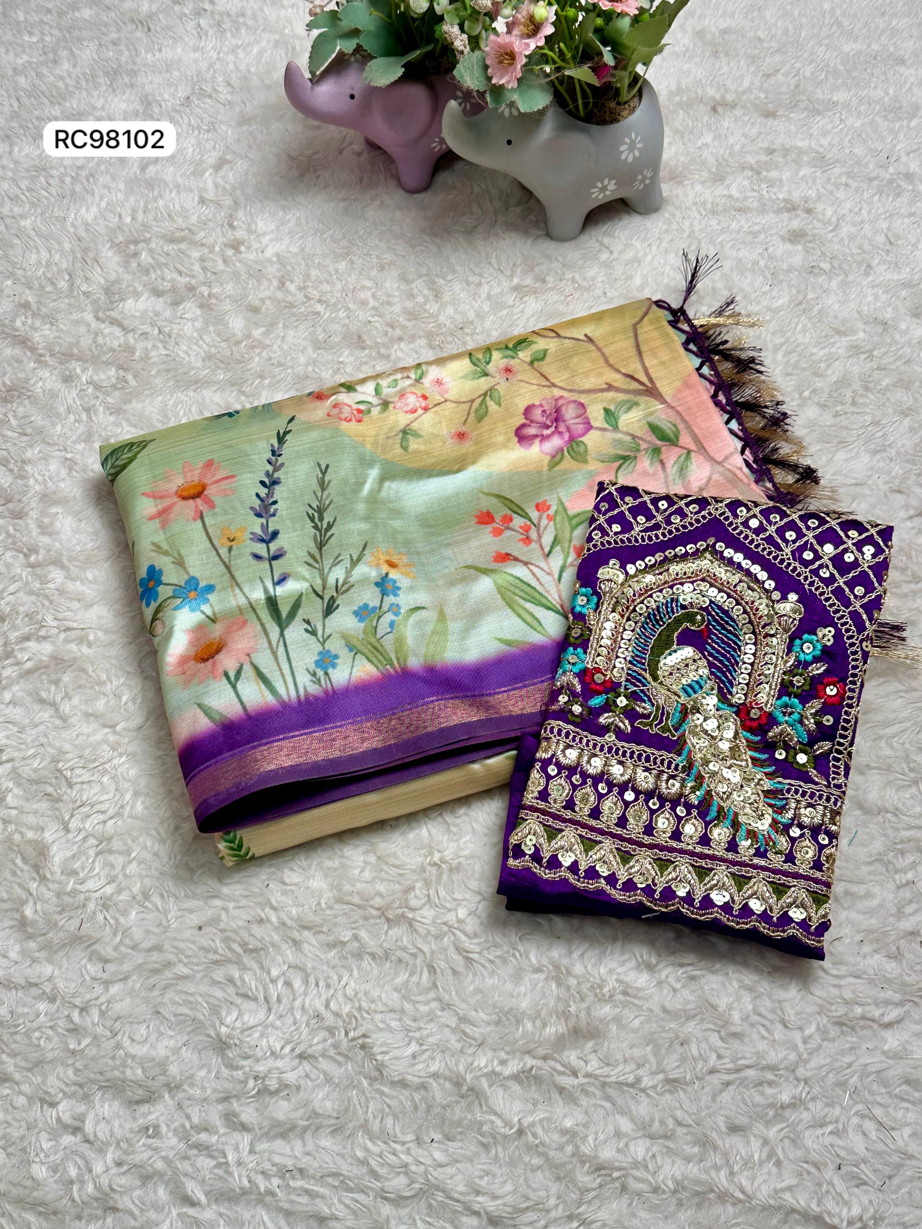 Opulent Malai Silk Saree Featuring Peacock & Floral Motifs.