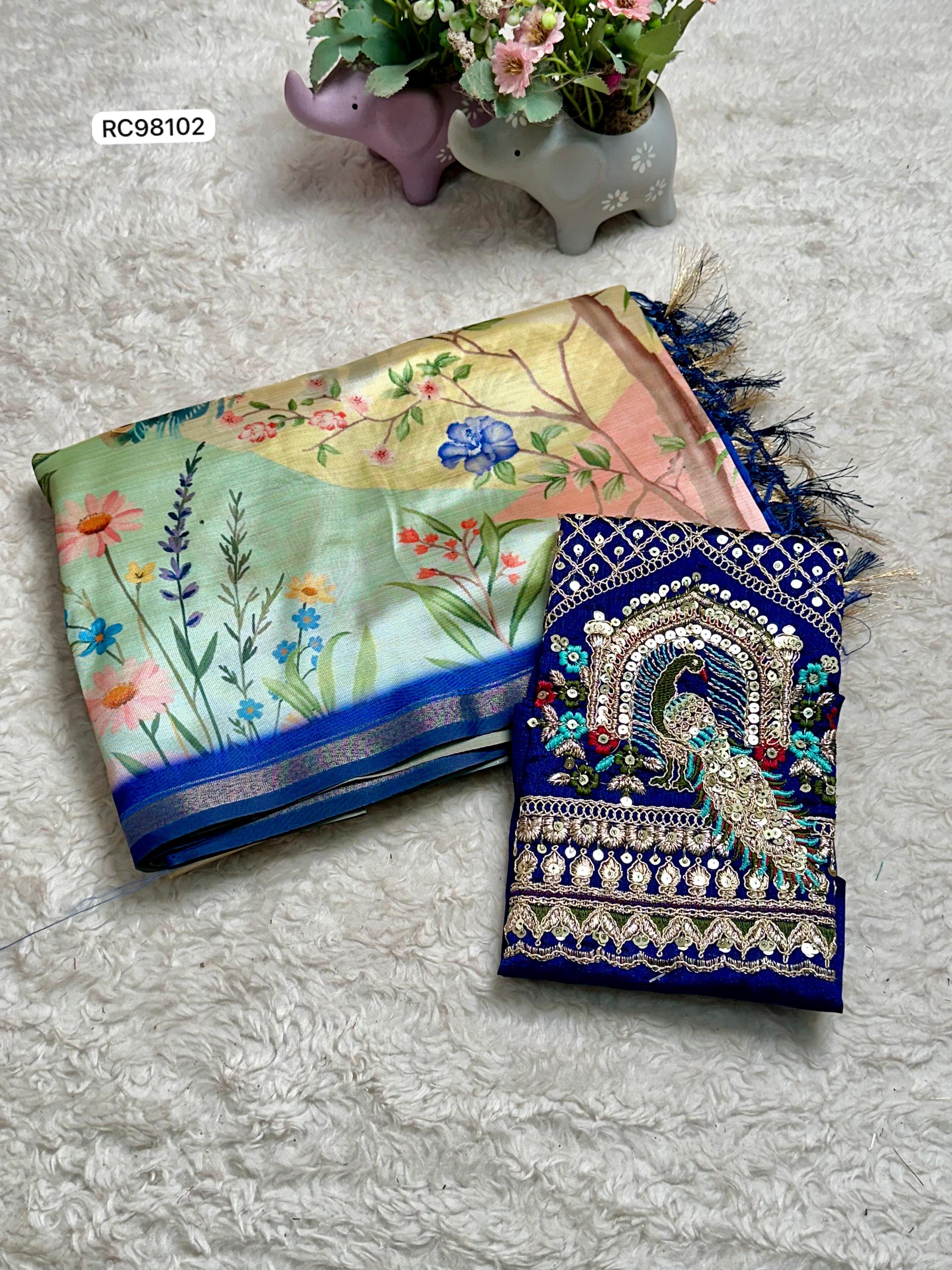 Opulent Malai Silk Saree Featuring Peacock & Floral Motifs.