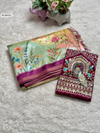 Opulent Malai Silk Saree Featuring Peacock & Floral Motifs.