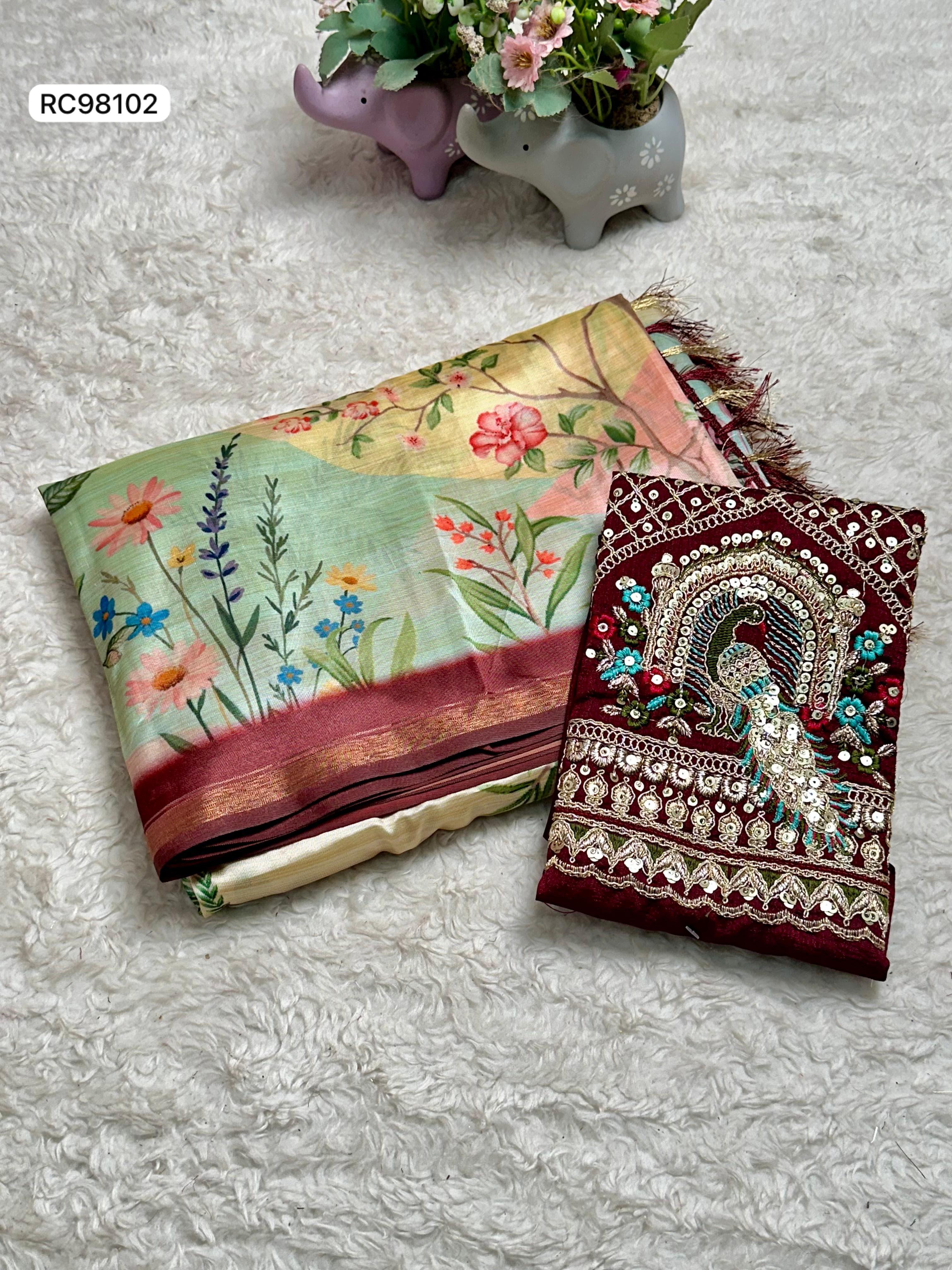 Opulent Malai Silk Saree Featuring Peacock & Floral Motifs.