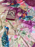 Opulent Malai Silk Saree Featuring Peacock & Floral Motifs.