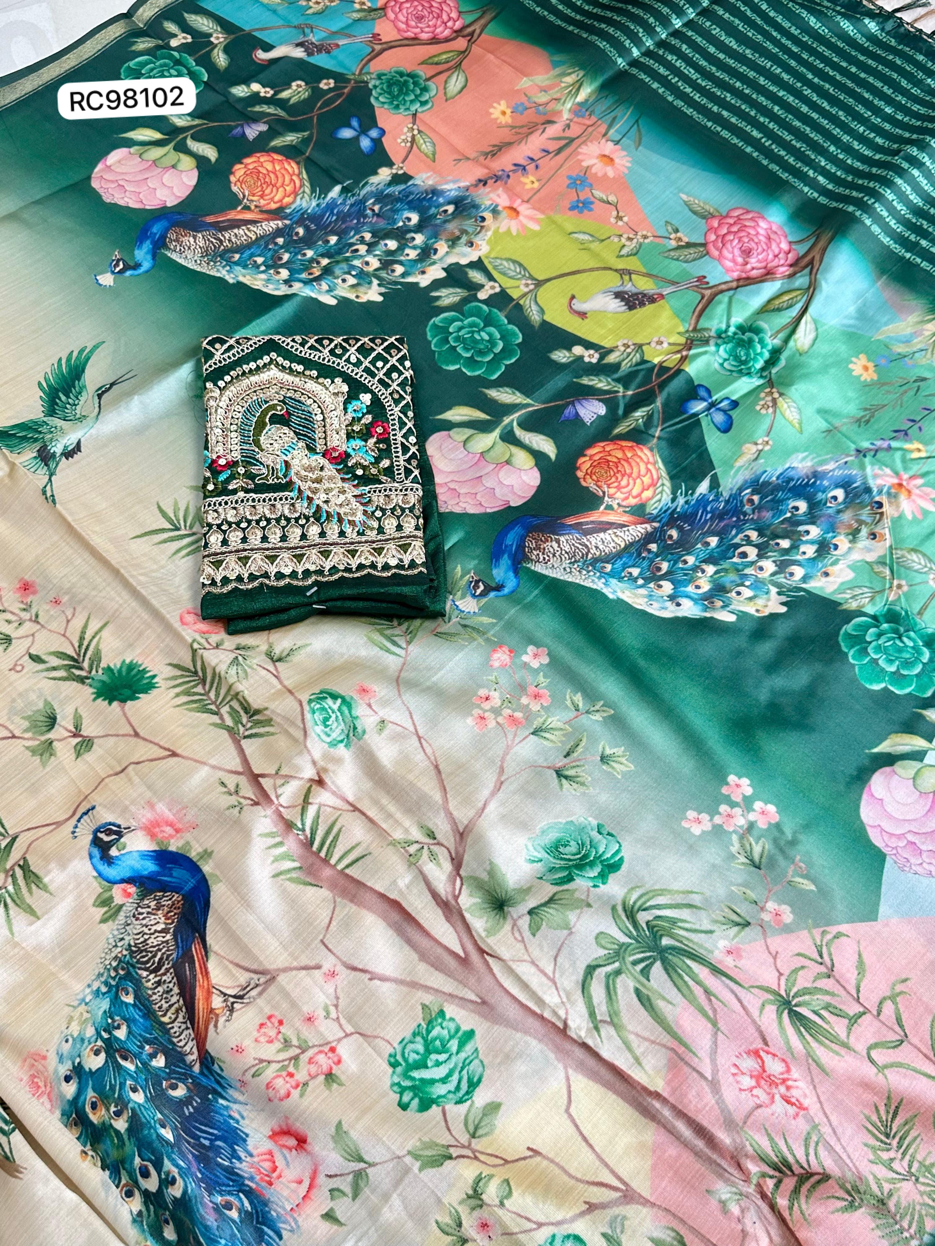 Opulent Malai Silk Saree Featuring Peacock & Floral Motifs.