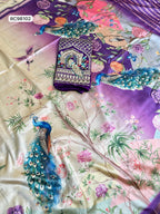 Opulent Malai Silk Saree Featuring Peacock & Floral Motifs.