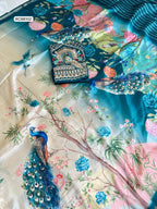 Opulent Malai Silk Saree Featuring Peacock & Floral Motifs.