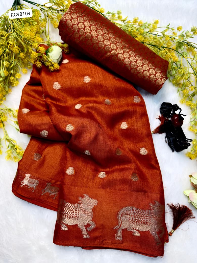 Soft Dola Silk Saree – Uniform Design with Jacquard Butti & Contrast Zari Cow Borders