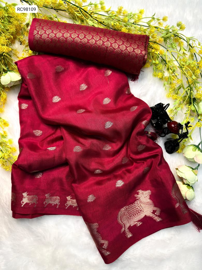 Soft Dola Silk Saree – Uniform Design with Jacquard Butti & Contrast Zari Cow Borders