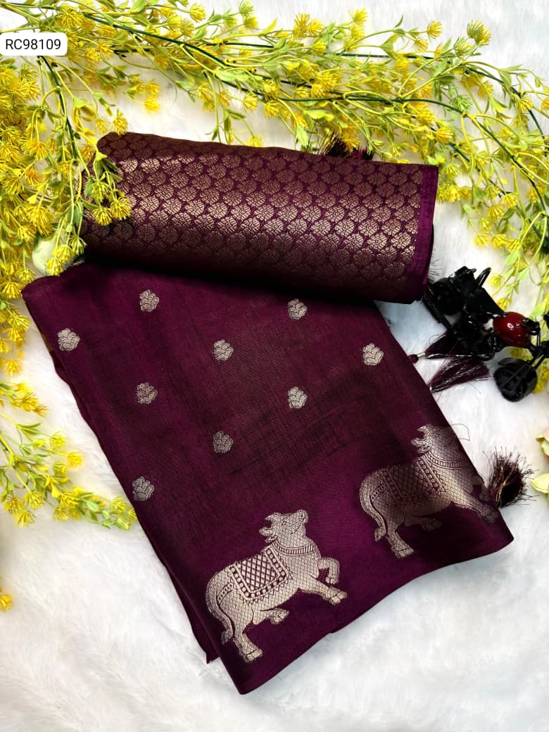 Soft Dola Silk Saree – Uniform Design with Jacquard Butti & Contrast Zari Cow Borders
