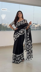 Heavy Faux Georgette Saree – Mosaic Digital Print & Mirror Work