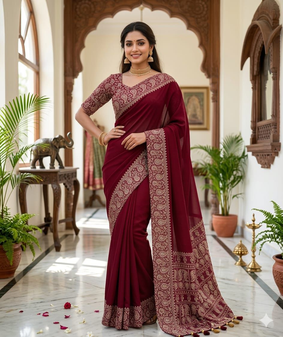 Original Semi Gajji Ajrakh Silk Saree