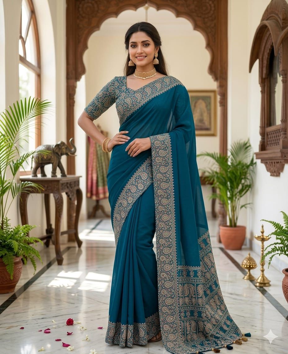 Original Semi Gajji Ajrakh Silk Saree