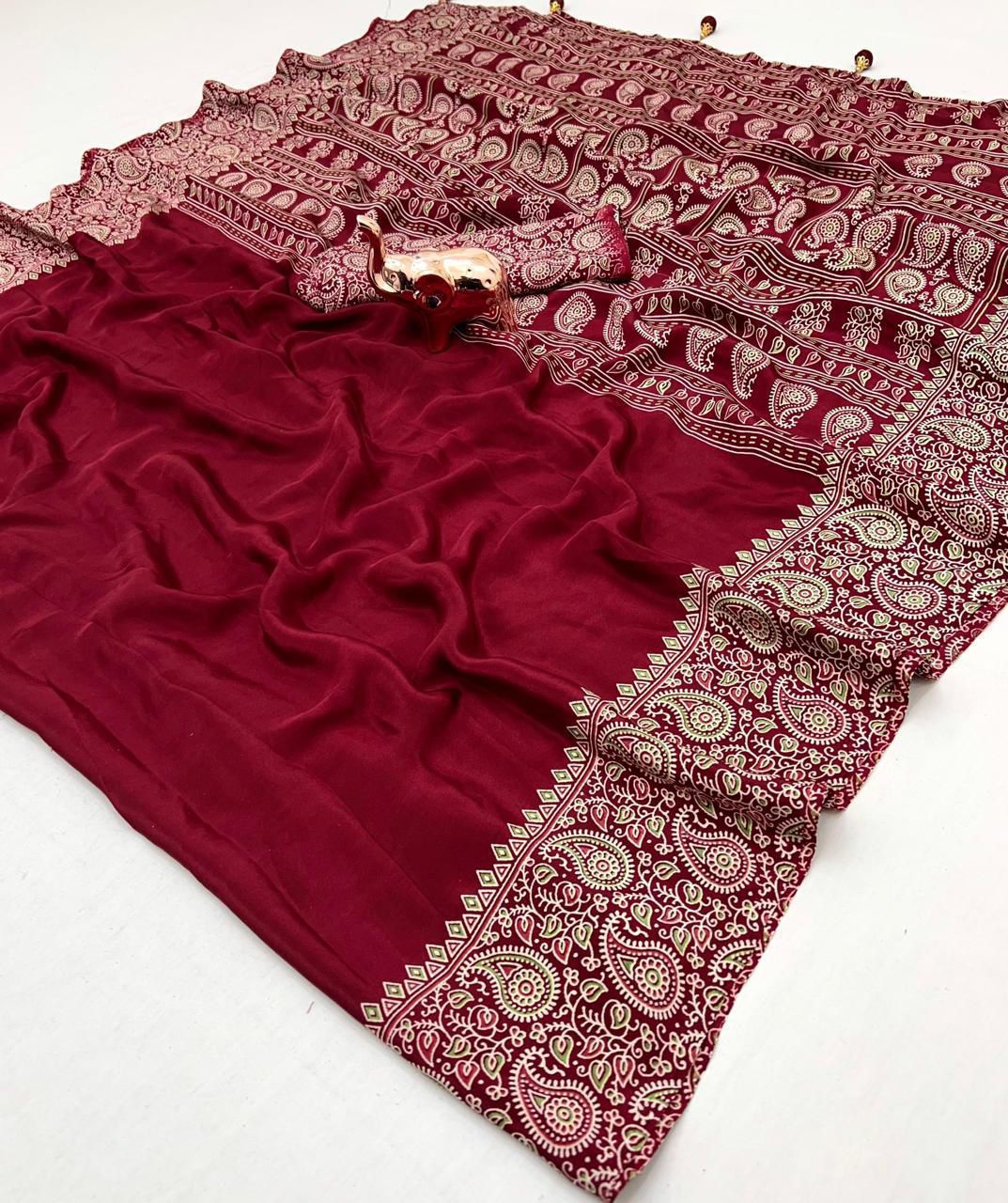Original Semi Gajji Ajrakh Silk Saree