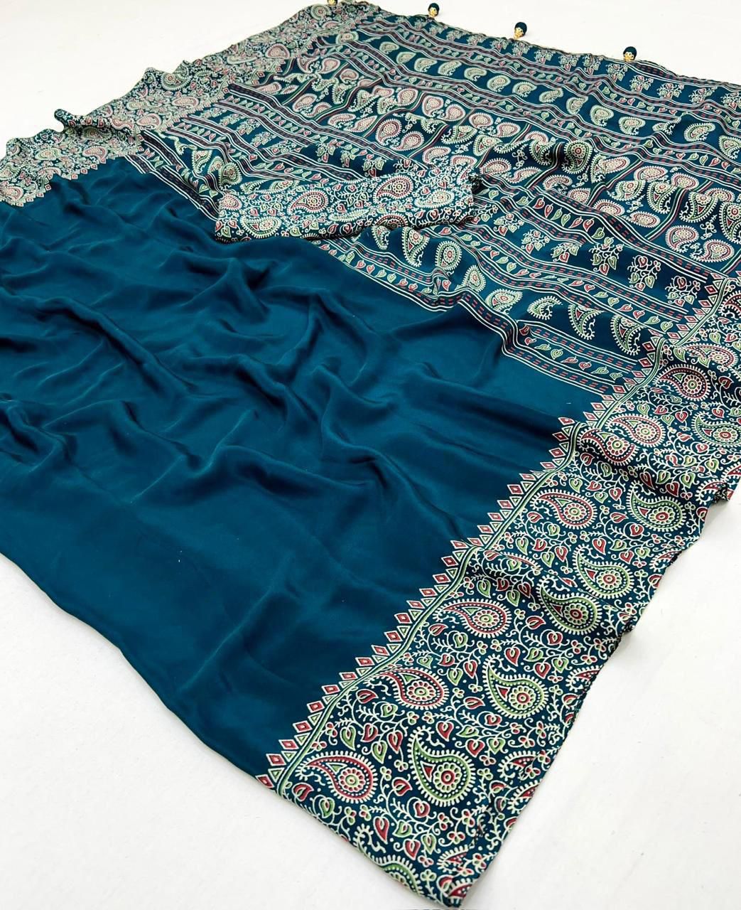 Original Semi Gajji Ajrakh Silk Saree
