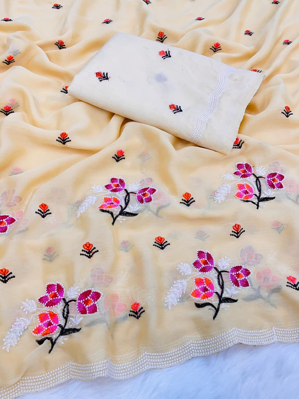 Light Yellow floral embroidered with lace border from Raniya's Creations