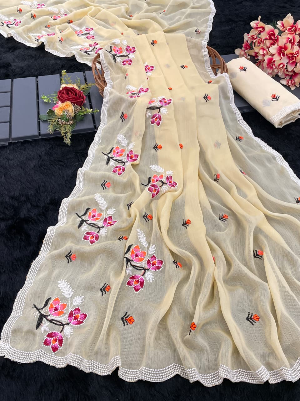 Light Yellow floral embroidered with lace border from Raniya's Creations
