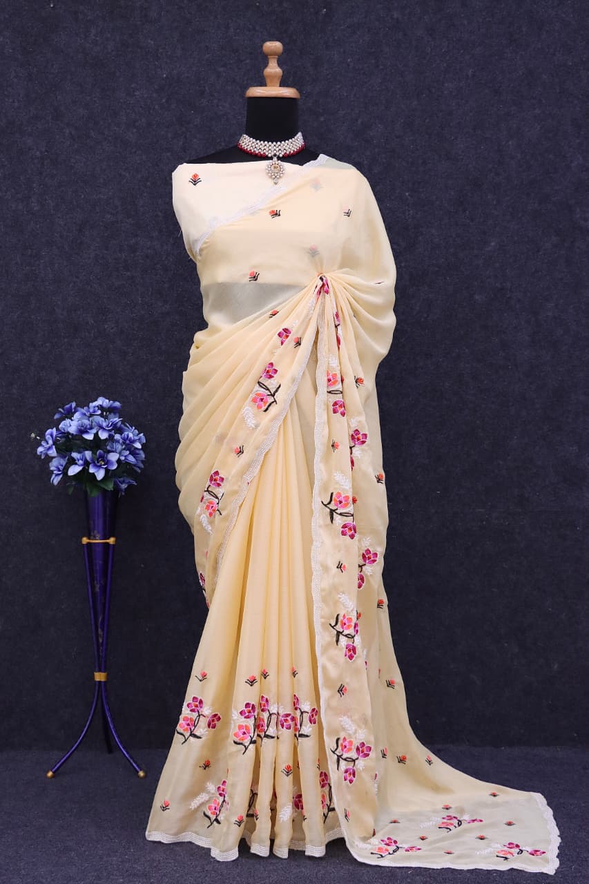 Light Yellow floral embroidered with lace border from Raniya's Creations