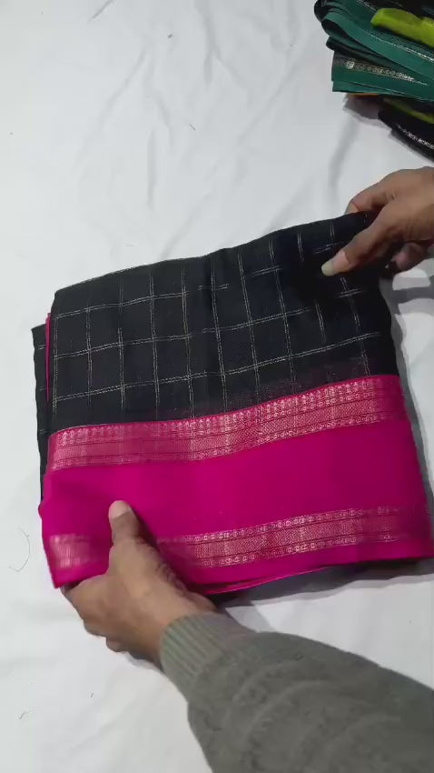 Soft Mysore Silk Saree – All Over Chex Design with Contrast Zari Borders.