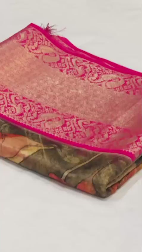 Heavy Chandrikapattu Soft Organza Jacquard Silk Saree with 3D Kalamkari Print & Zari Gold Weaving