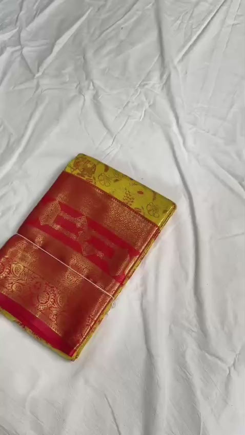 Bridal Kanjivaram Semi Pattu Saree with Contrast Zari Border & Rich Weaving Pallu – Grand Elegance for Wedding Displays & Boutique Gifting