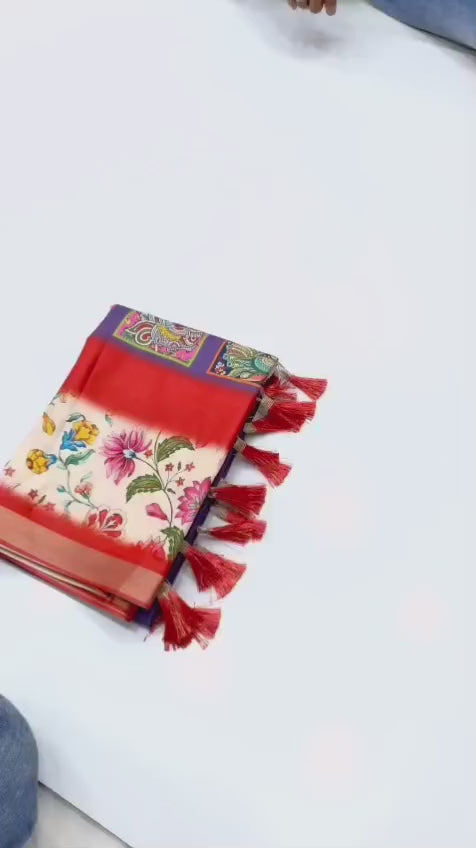 Original Soft Tussar Silk Sarees – Peacock Prints with Gold Zari Border.