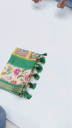 Original Soft Tussar Silk Sarees – Peacock Prints with Gold Zari Border.