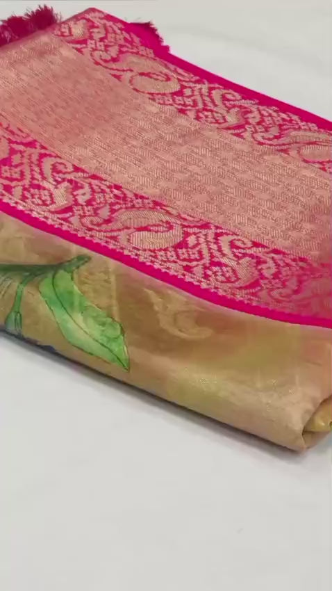 Heavy Chandrikapattu Soft Organza Jacquard Silk Saree with 3D Kalamkari Print & Zari Gold Weaving