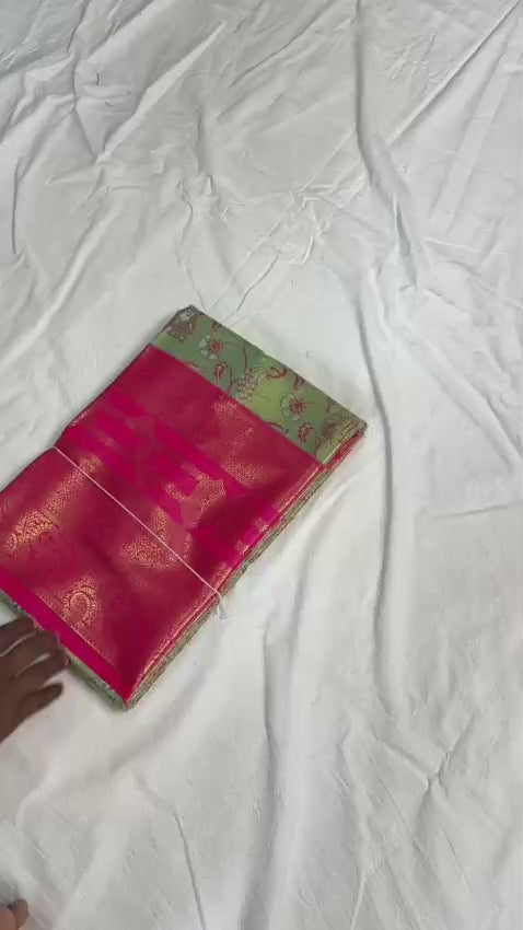 Bridal Kanjivaram Semi Pattu Saree with Contrast Zari Border & Rich Weaving Pallu – Grand Elegance for Wedding Displays & Boutique Gifting