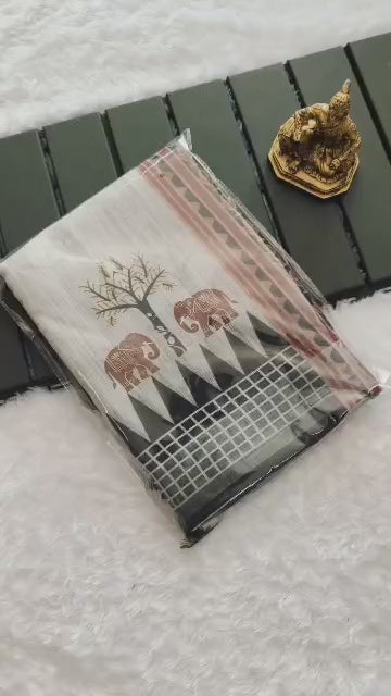 Heavy Linen Blooming Saree with Gajraj Digital Print & Motif Tussels – Premium Festive Collection